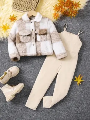 Girl's Plaid Print Button Front Jacket & Jumpsuit Two-Piece Set, Casual Long Sleeve Collared Pocket Outerwear & Sleeveless Ju...
