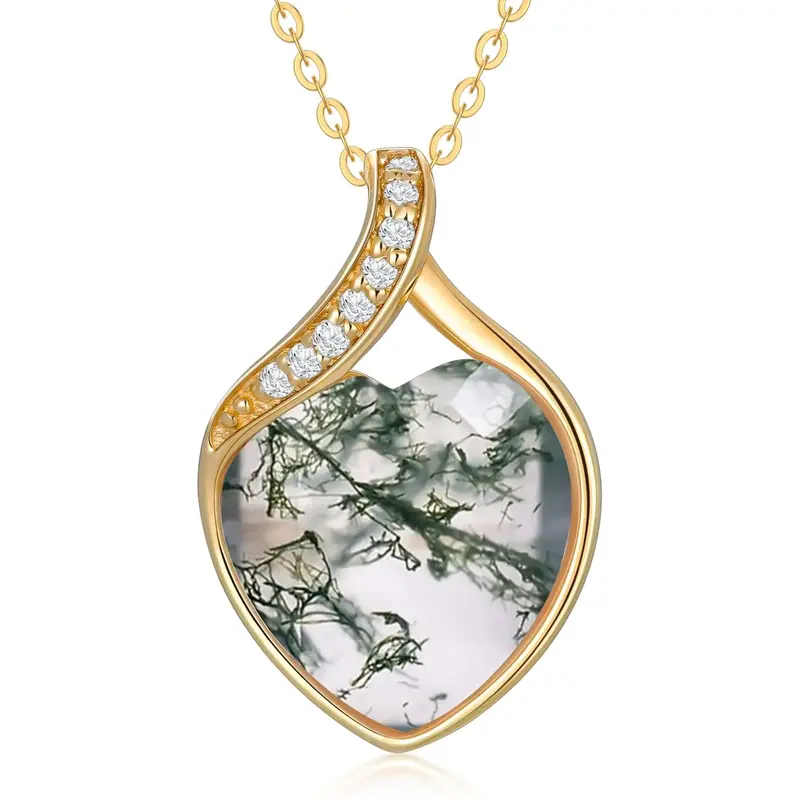 14K Gold Diamond & Moss Agate Heart Pendant Necklace