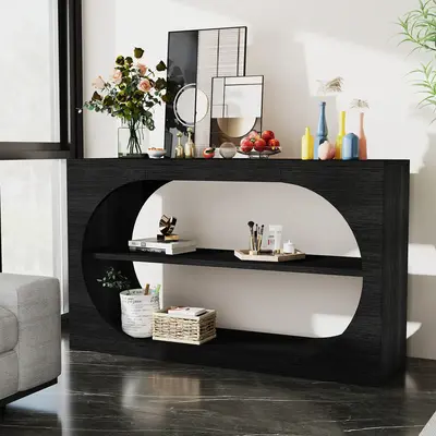 55 Inch Entryway Console with Storage, 3 Tier Farmhouse Style Narrow Shelf Sofa entry Table, Affordable Coffee Table for Entr...