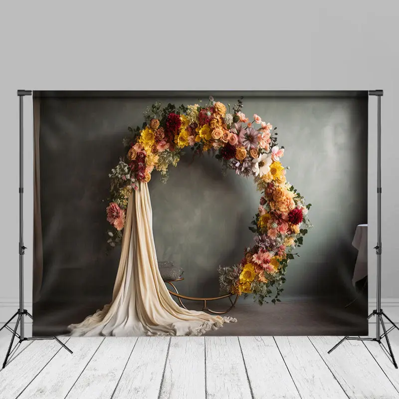 Bright Wreath Grey Wall Floral Backdrop For Photo - Aperturee
