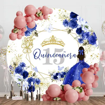 Blue Floral Quinceanera Round 15th Birthday Backdrop - Aperturee