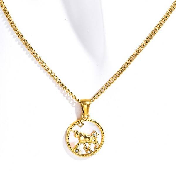 Ion Plating(IP) Stainless Steel Pave Shell Flat Round Constellation Pendant Twist Chain Necklaces