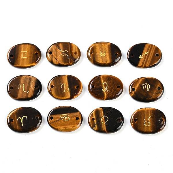 12Pcs 12 Styles Twelve Constellation Natural Tiger Eye Flat Oval Links Connector Charms