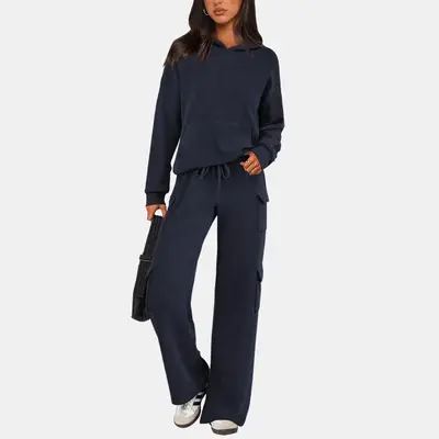 PRETTYGARDEN Women's Navy Blue 2-Piece Knitted Sets Hoodie & Wide Leg Pants with Pockets Drawstring Long Sleeve Loungewear Tr...
