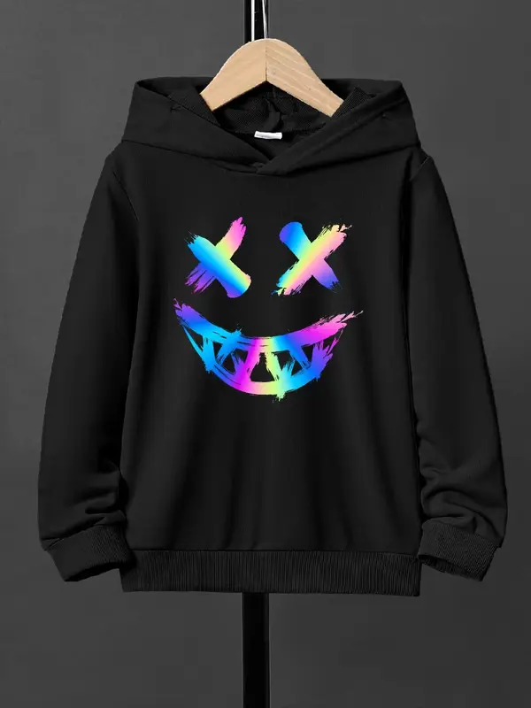 Boy's Cartoon Smile Face Print Hoodie, Fashion Casual Long Sleeve Hooded Sweatshirt for Daily Outdoor Wear, Boys Clothing for...