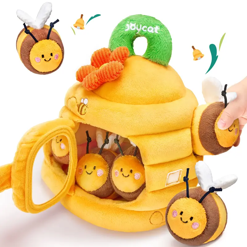 JoyCat Baby Bee Toy, Honeybee Plush Toys, Soft Beehive with 5 Stuffed Sensory Bees, Rattle, Crinkle Paper, Squeaker, Mirror, ...