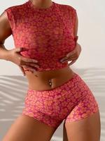 Women's Floral Print Bikini Set, Halter Neck Tie Back Triangle Swim Bra & Swim Panty & Cover Up Top Set, Ladies Swimsuit for ...
