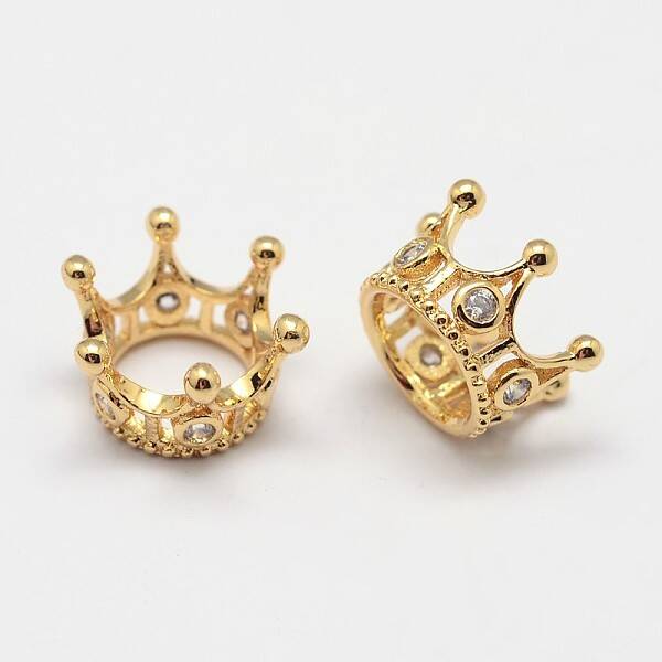 Crown Brass Micro Pave Grade AAA Cubic Zirconia Large Hole Beads
