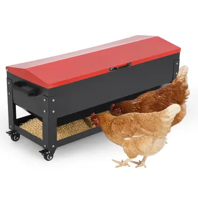 Garvee 120lbs Large Metal Chicken Feeder Box – Galvanized Steel, Automatic Poultry Feeding, Waterproof Red Lid, Brake Caste...