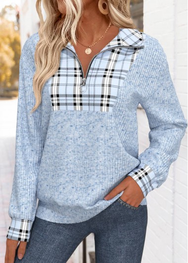 Modlily Light Blue Plaid Long Sleeve Turn Down Collar Sweatshirt - M