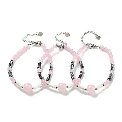 Natural Rose Quartz Round & Synthetic Non-magnetic Hematite & White Shell Beaded Bracelets for Women