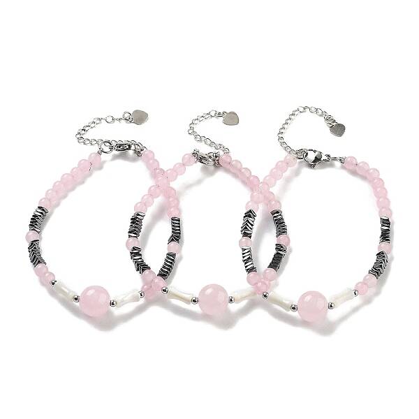 Natural Rose Quartz Round & Synthetic Non-magnetic Hematite & White Shell Beaded Bracelets for Women