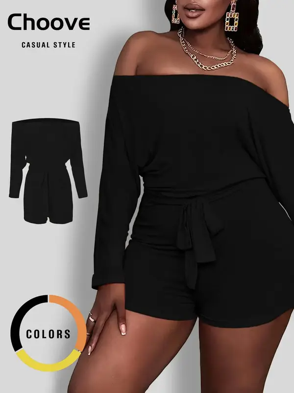 Women's Solid Off The Shoulder Romper, Casual Long Sleeve Belted Romper for Daily Wear, Ladies Back To School Clothes for Fa...