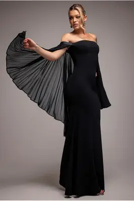 Goddiva Strapless Maxi Dress With Pleated Chiffon Cape - Black