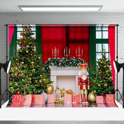 Aperturee Retro Red Green Window Xmas Tree Christmas Backdrop - Aperturee