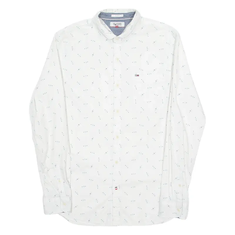 TOMMY HILFIGER Slim Fit Mens Shirt White Spotted Long Sleeve M