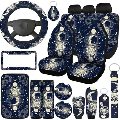 Sun & Moon Pattern Car Seat Cover Set, 19pcs/set Universal Seat Protector, All Seasons Car Interior Decoration Accessories fo...