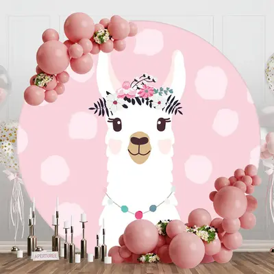 Pink Floral Alpaca Animals Round Birthday Backdrop - Aperturee