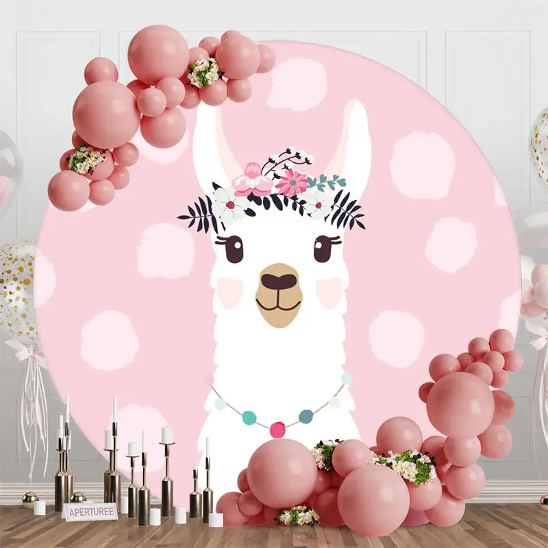 Pink Floral Alpaca Animals Round Birthday Backdrop - Aperturee