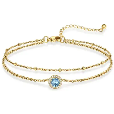 14K Gold Cubic Zirconia Personalized Birthstone Multi-layered Charm Anklet