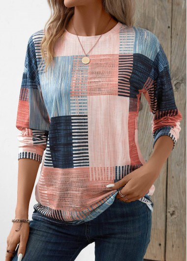 Modlily Pink Patchwork Geometric Print Long Sleeve T Shirt - XL