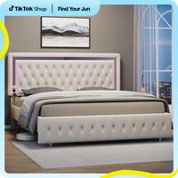AMERLIFE Modern Bed Frame with RGB LED Lights, Adjustable Headboard Velvet Button Tufted/Acrylic Mirror Accents/Smart APP&Rem...