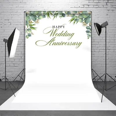 White Greenery Happy Wedding Anniversary Backdrop