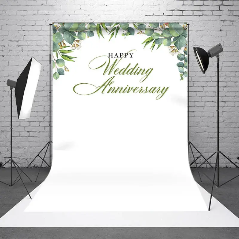 White Greenery Happy Wedding Anniversary Backdrop