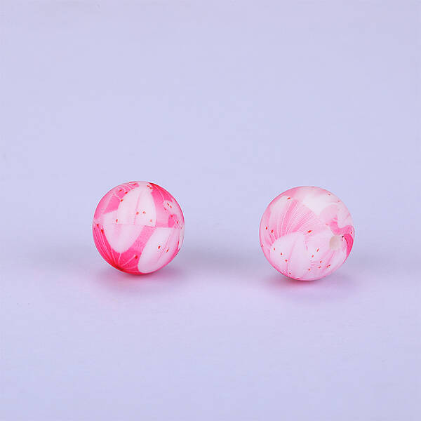 Printed Round with Flower Pattern Silicone Focal Beads