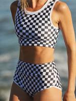 Women's Plaid Print High Waist Tankini Set, Casual Scoop Neck Crop Top & Swim Bottom, Women's Two-piece Swimsuit Outfits for ...