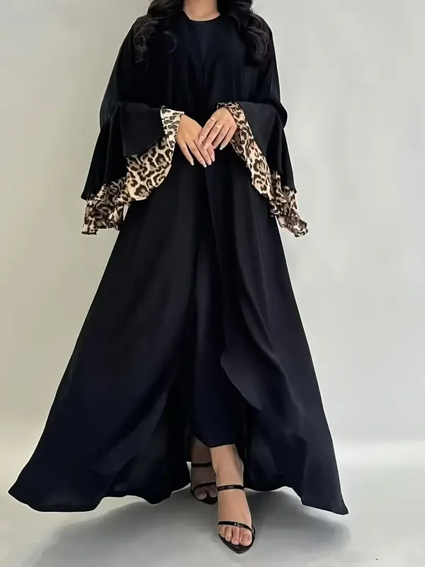 Women's Leopard Print Long Sleeve Abaya, Modest Casual Round Neck Long Dress for Daily Wear, Women's Islamic Clothing for All...