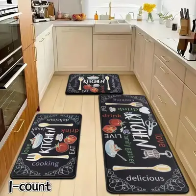 Kitchen Rug, 1 Count Letter & Cutlery Pattern Kitchen Mat, Non-slip Absorbent Floor Mat, Waterproof Quick Dry Machine Washabl...