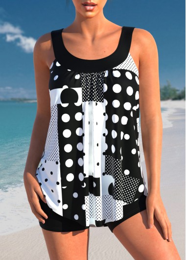 Modlily Polka Dot Geometric Print Black Tankini Top - S