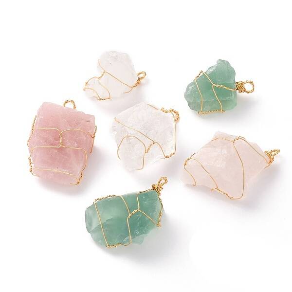 Rough Raw Natural Fluorite & Quartz Crystal & Rose Quartz Pendants