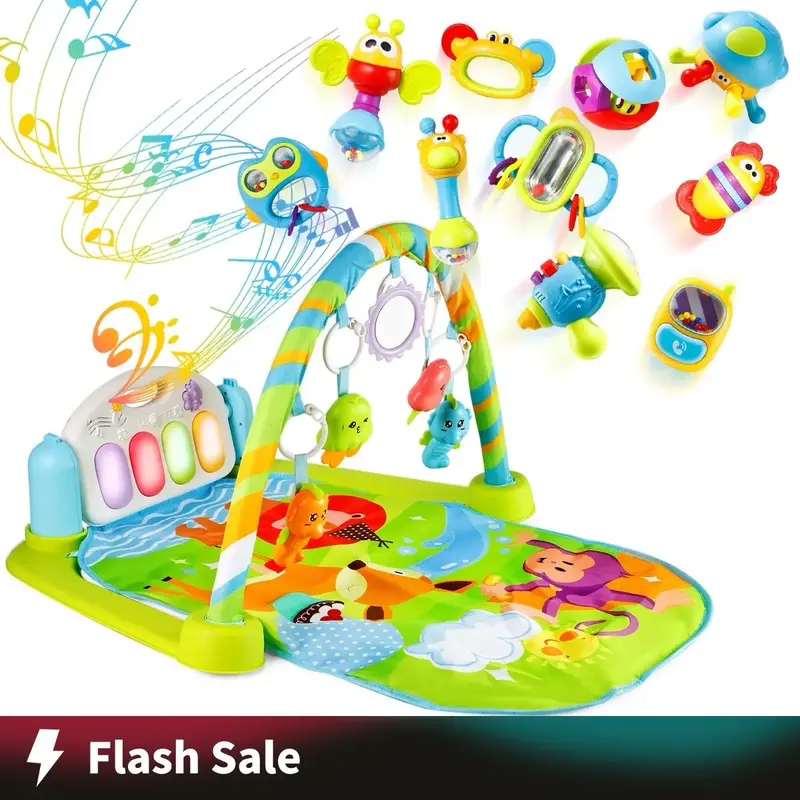 Baby Play Gym with Kick Piano and Musical Toys - Activity Mat with Rattle Maracas for Infant Growth and Fun