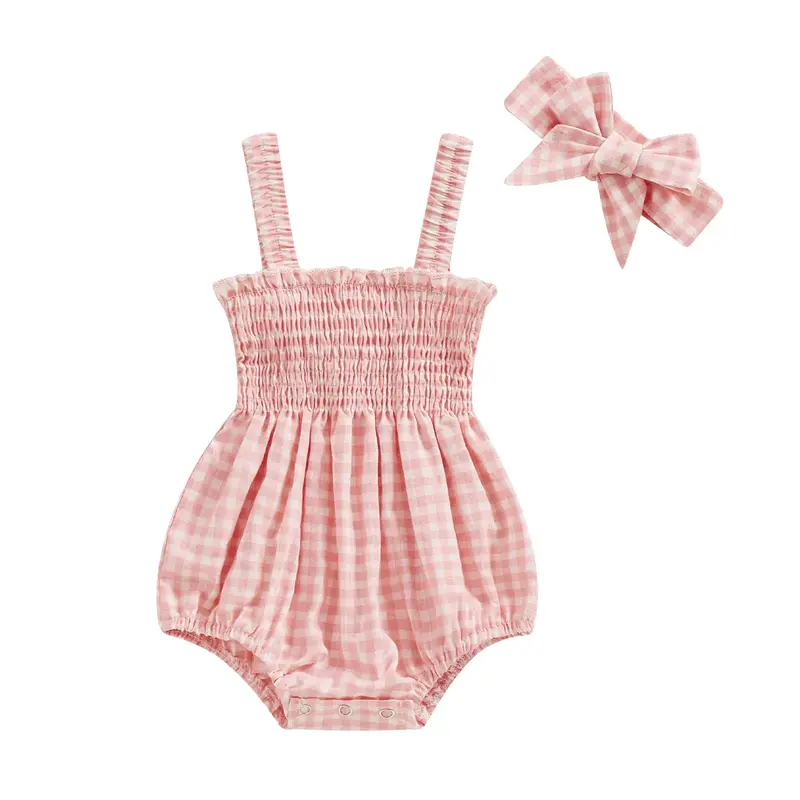 Baby Girls Summer Outfits Sleeveless Spaghetti Strap Frill Smocked Plaid Romper with Headband Newborn Infant Girl Clothes Set...