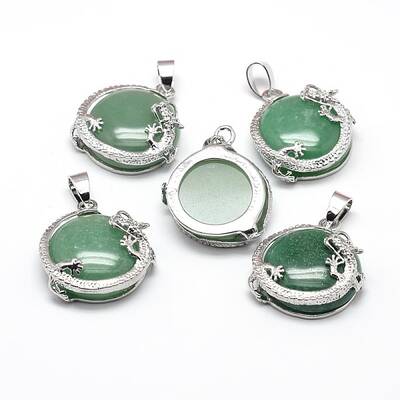 Flat Round with Dragon Platinum Plated Brass Natural Green Aventurine Pendants