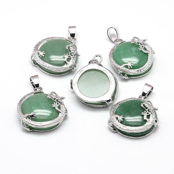 Flat Round with Dragon Platinum Plated Brass Natural Green Aventurine Pendants