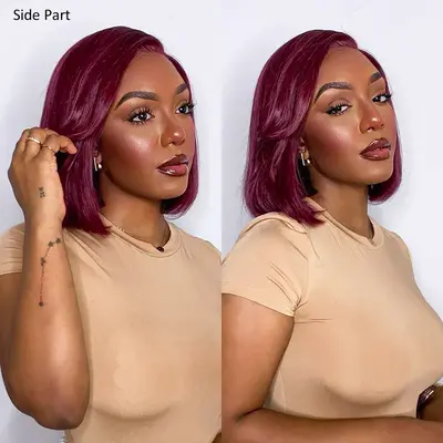 99J Burgundy Face Framing Blow Out Layers Cut Shoulder Length 4x4 Lace Frontal Straight Bob Wig Human Hair