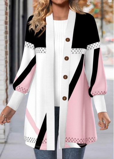Modlily Light Pink Button Geometric Print Long Sleeve Coat - XL
