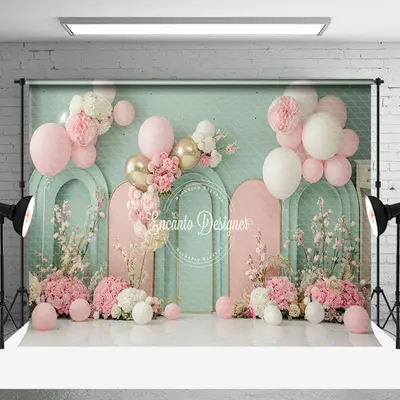 Green Pink Arch Balloons Floral Cake Smash Backdrop - Aperturee