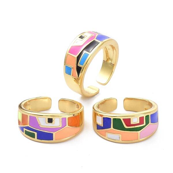 Enamel Geometric Pattern Wide Band Ring for Teen Girl Women