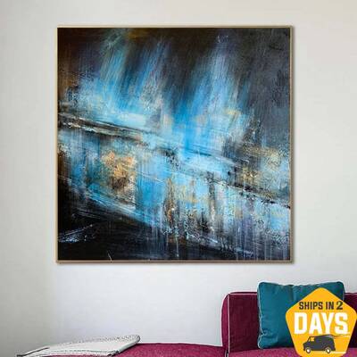 Abstract Paintings On Canvas Blue And Black Wall Art Original Oil Painting Modern Textured Art Painting for Fireplace Decor |...