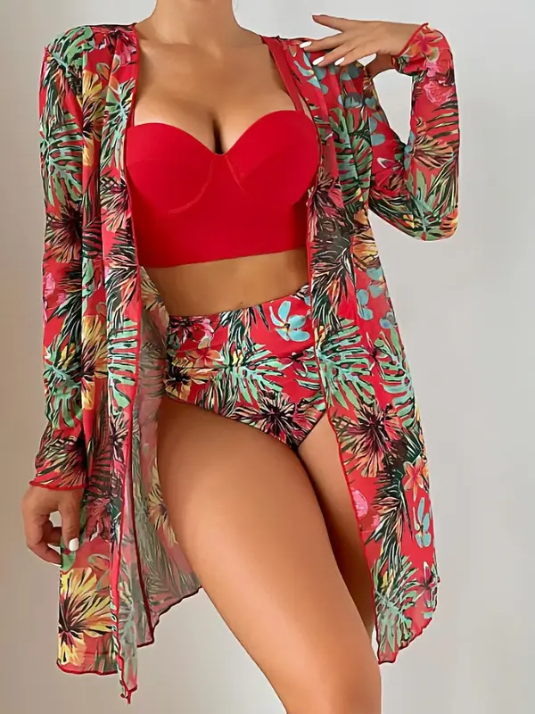 Women's Swimsuit Set, Boho Plain Push Up Swim Bra & High Waist Ruched Swim Panty & Cover Up Bikini Sets, Summer Beach Holiday...