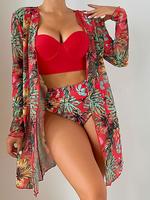 Three-Piece Set Women's Tropical Print Swimsuit Set, Boho Plain Push Up Swim Bra & High Waist Ruched Swim Panty & Cover Up Bi...