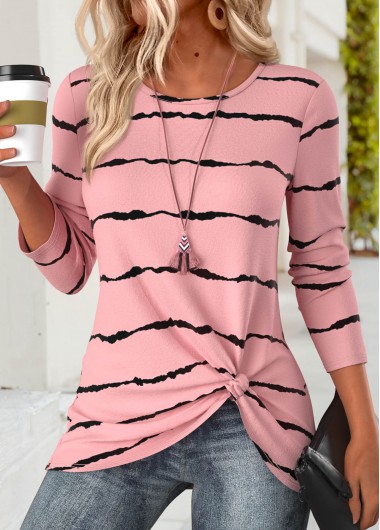 Modlily Pink Tummy Coverage Striped Long Sleeve T Shirt - L
