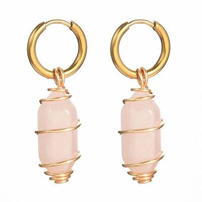 Copper Wire Wrapped Natural Rose Quartz Dangle Earrings for Women