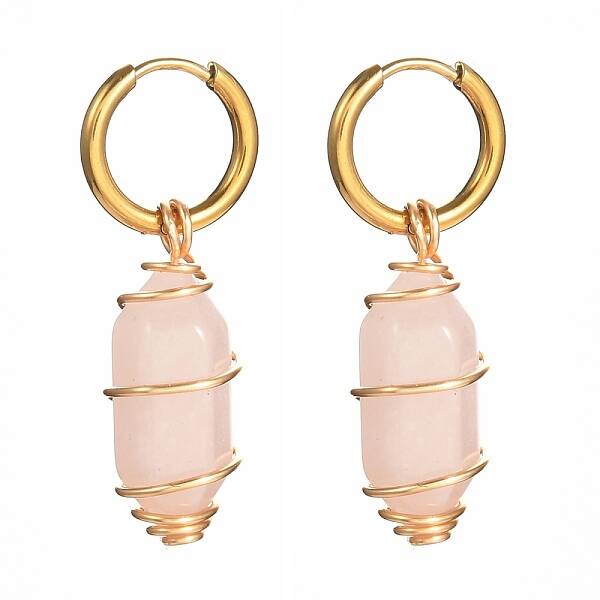 Copper Wire Wrapped Natural Rose Quartz Dangle Earrings for Women