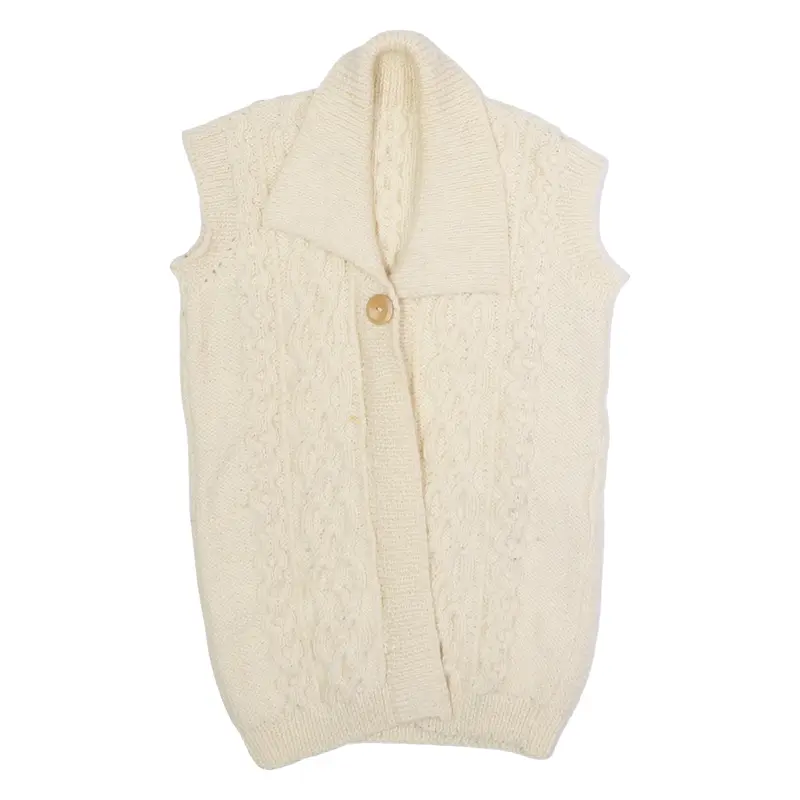Womens Aran Cardigan Cream Collared 90s Cable Knit Sleeveless Wool L