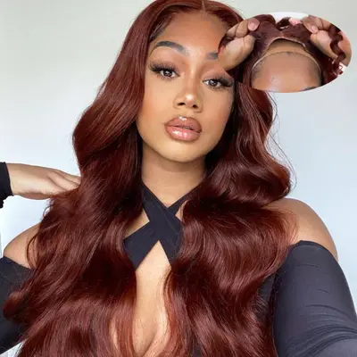 Reddish Brown Body Wave Glueless Human Hair Wig with Pre Plucked Hairline & Bleached Knots